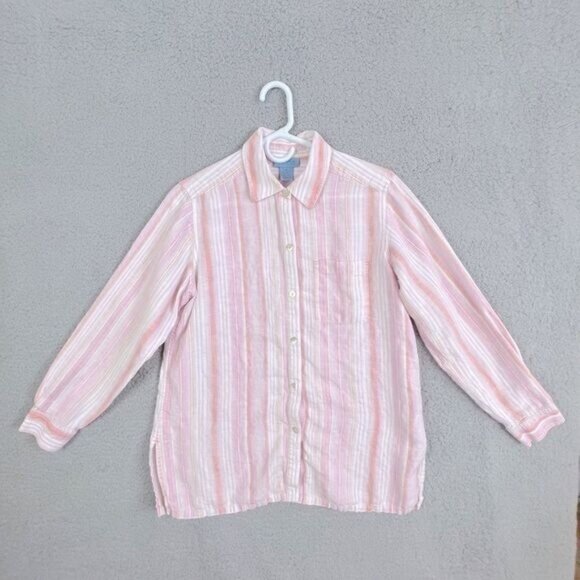 SIGRID OLSEN WOMENS LINEN BLOUSE PINK STRIPED SIZE M - Picture 1 of 10